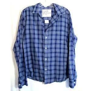 Frank & Eileen Blue Plaid Barry V Neck Button Down Long Sleeve Shirt Large NWOT